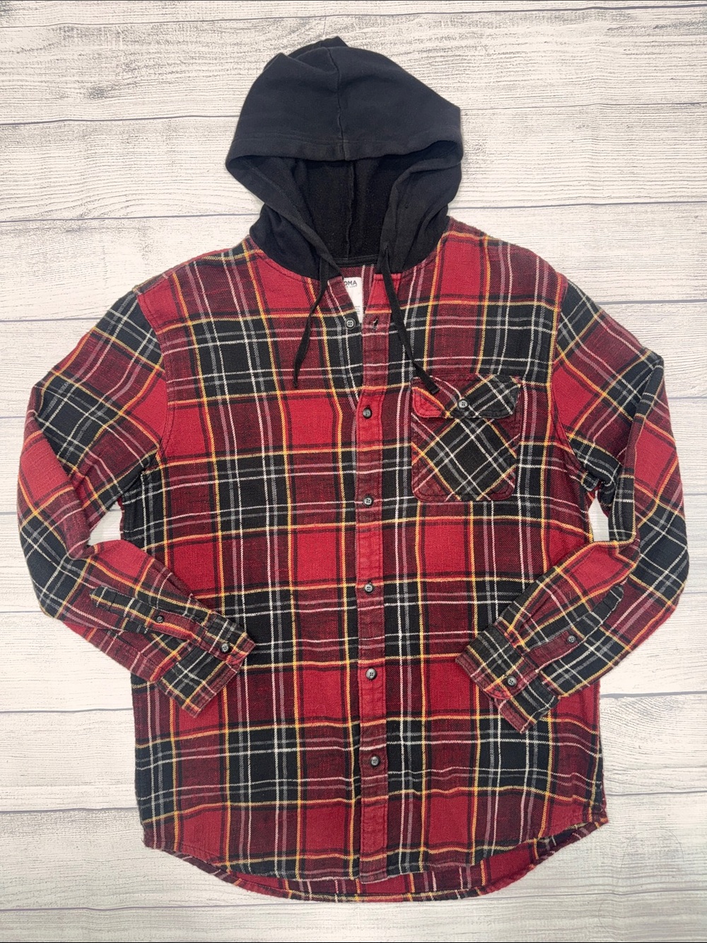 Sonoma Red and Black Plaid Button-Down Shirt with Hood